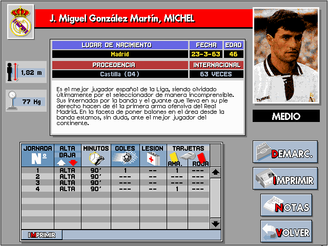 PC Fútbol (DOS) screenshot: Player information