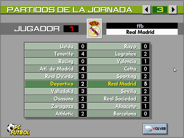 PC Fútbol (DOS) screenshot: League Results