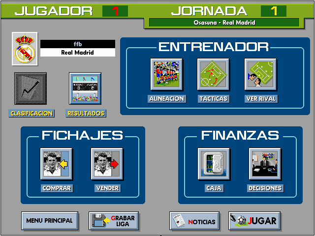 PC Fútbol (DOS) screenshot: Manager Main Menu