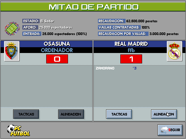 PC Fútbol (DOS) screenshot: Half Time
