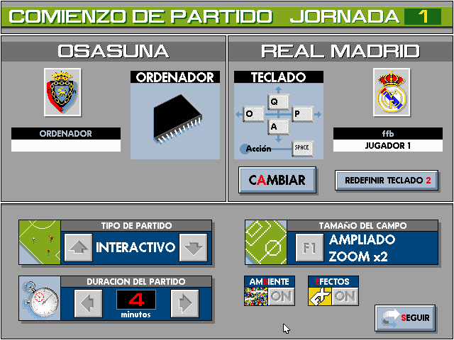 PC Fútbol (DOS) screenshot: Match Options