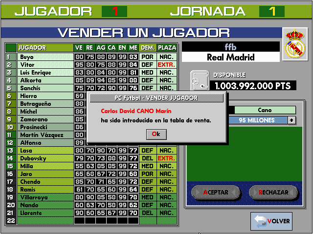 PC Fútbol (DOS) screenshot: Adding player to the Transfers List