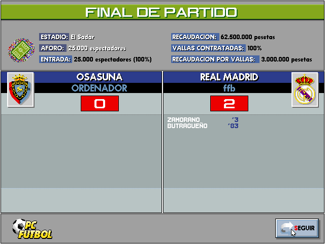 PC Fútbol (DOS) screenshot: Match Result