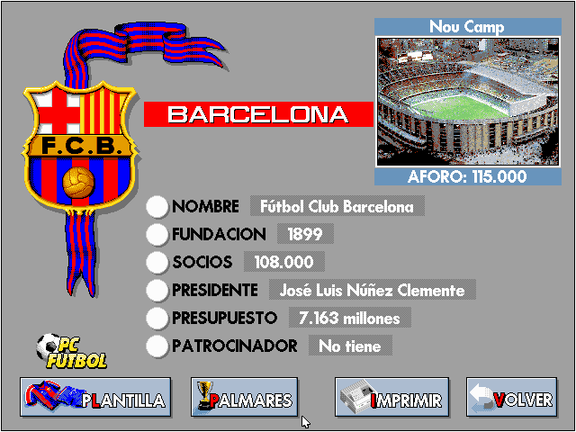 PC Fútbol (DOS) screenshot: Club information