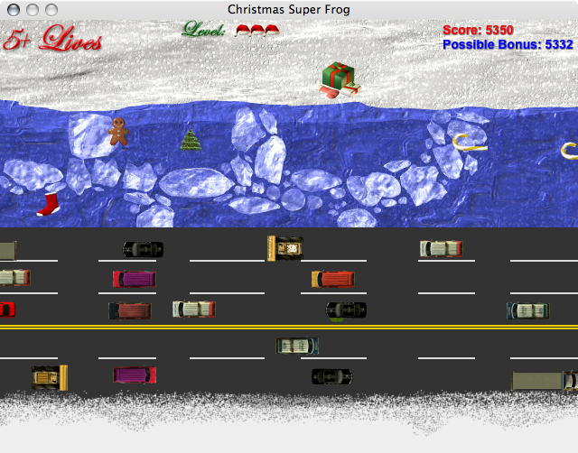 Christmas Super Frog (Macintosh) screenshot: Christmas is ruined as its savior is splattered across a freeway, beaneath a black car.