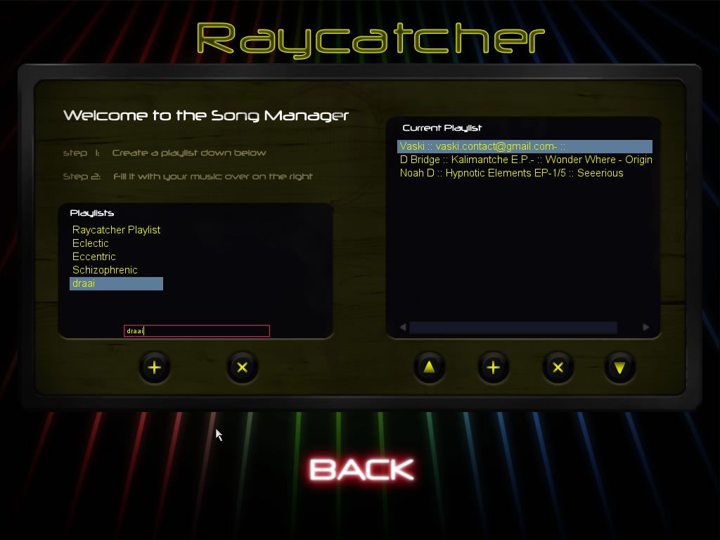 Raycatcher (Windows) screenshot: Create custom playlists in the song manager.