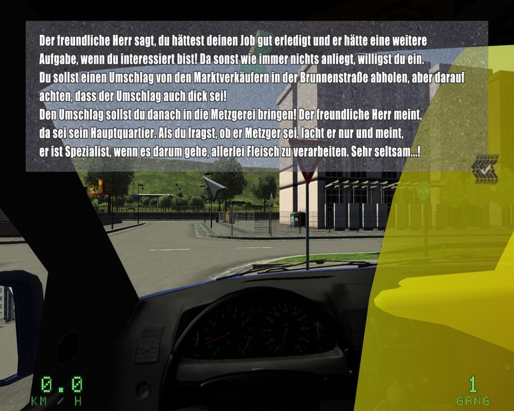 Driving Simulator 2009 (Windows) screenshot: Each mission is introduced with a short story fragment. Here, you're asked to take a fat envelope from some salesman to your employer's headquarters.