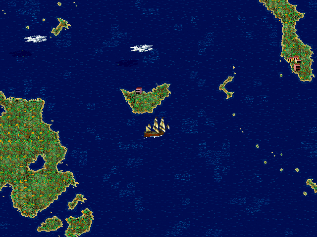 Pirates! Gold (DOS) screenshot: Don't sail into a reef with your big ship or it will sink!