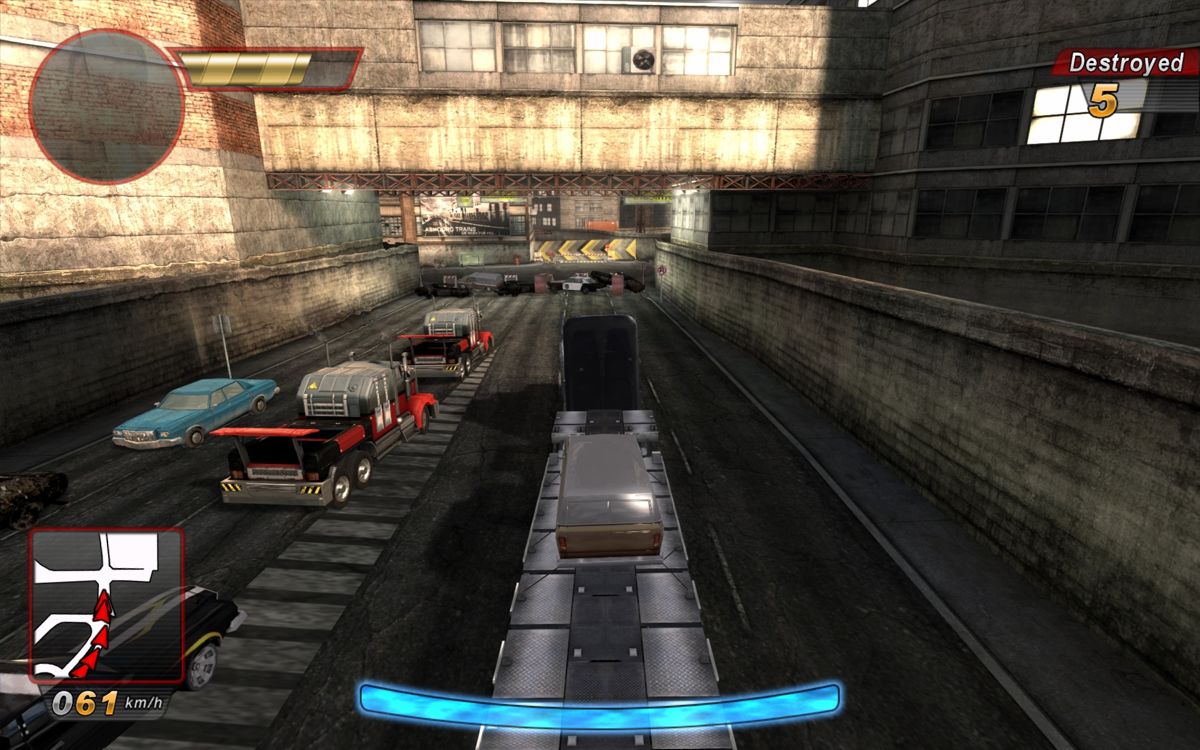Gear Grinder (Windows) screenshot: I'm trying to get that car to safety - these other trucks don't want me to succeed however.