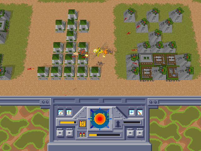 Return Fire (Windows) screenshot: Chess One, attacking the "queen" while turrets lay heavy fire on your heli