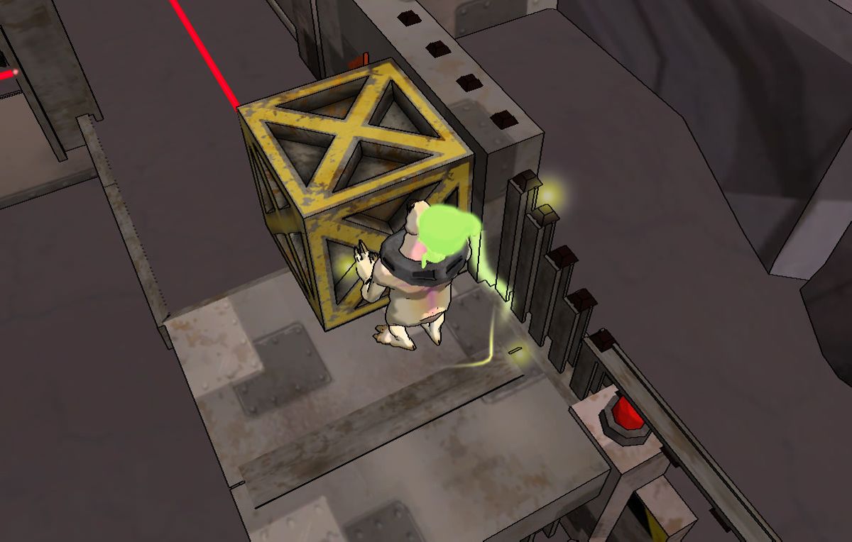 PuzzleBloom (Browser) screenshot: Pushing a crate to block the laser.
