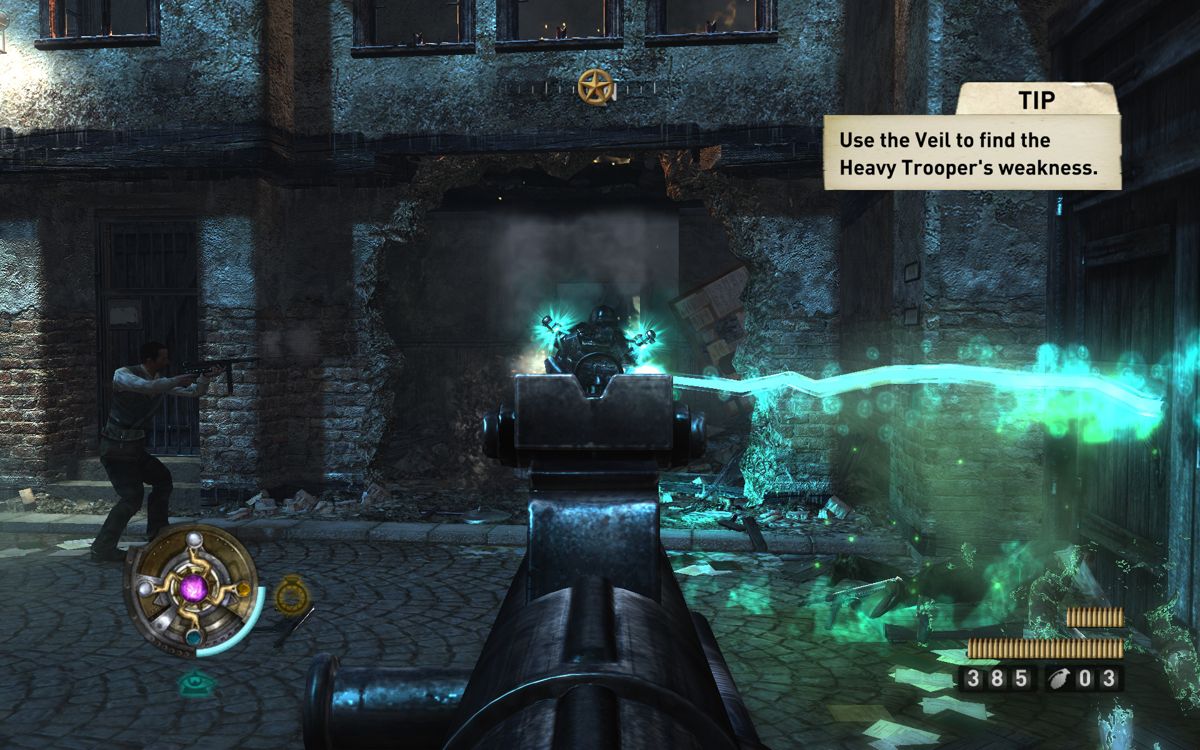 Wolfenstein (Windows) screenshot: The heavy trooper. Hit the cyan lamps on his back and he is toast