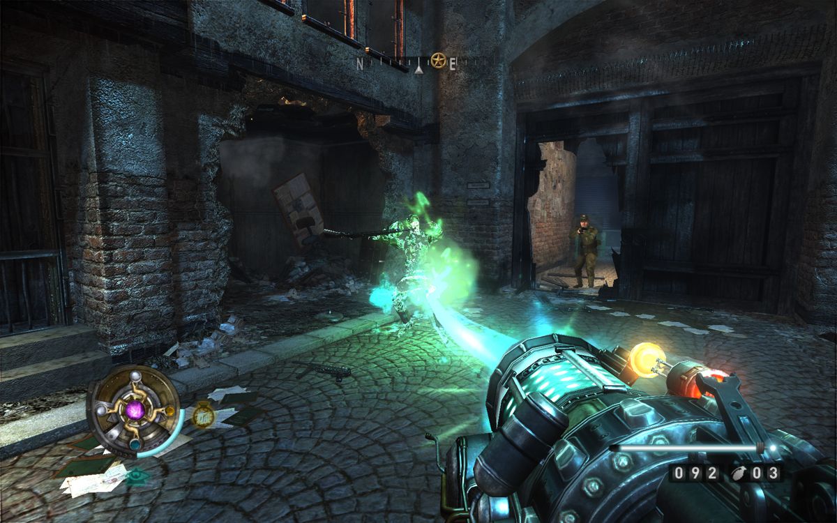 Wolfenstein (Windows) screenshot: Using the Particle Cannon found from a Heavy Trooper, it's fun!