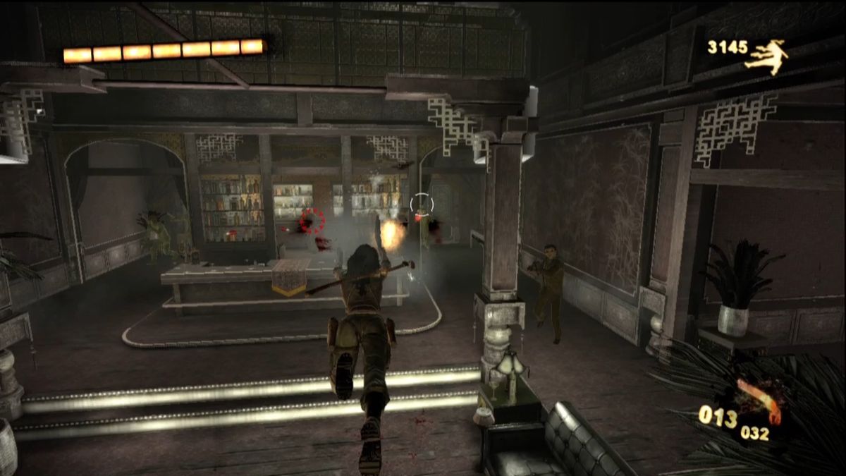 WET (Xbox 360) screenshot: Shooting up a bar.