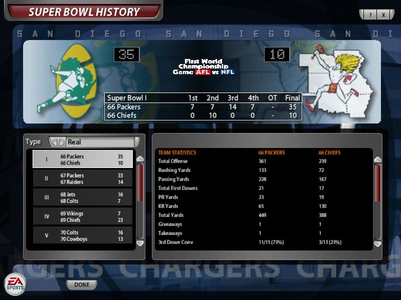 Madden NFL 06 (Windows) screenshot: Super Bowl History