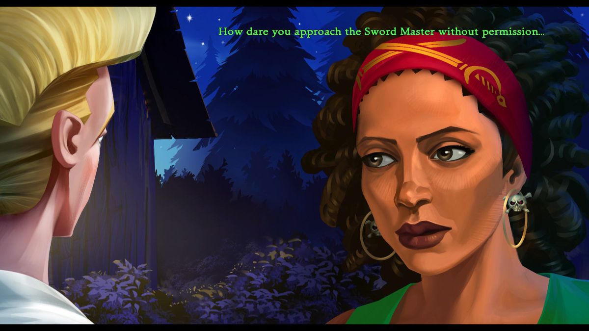 The Secret of Monkey Island: Special Edition (Windows) screenshot: Talking to Carla, the sword master.