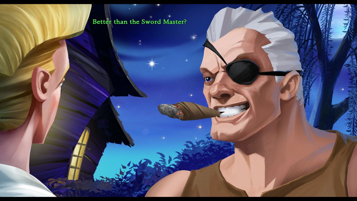 The Secret of Monkey Island: Special Edition (Windows) screenshot: Talking to Captain Smirk.