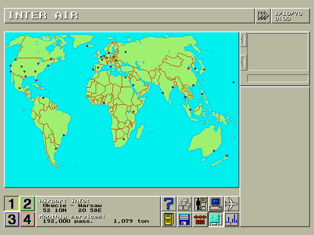 Airlines (DOS) screenshot: World map with information about airports