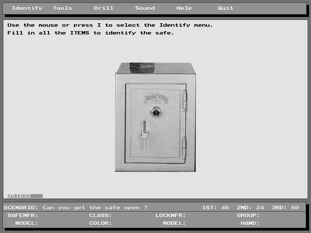 Safe Opening Simulator (DOS) screenshot: Game begins.