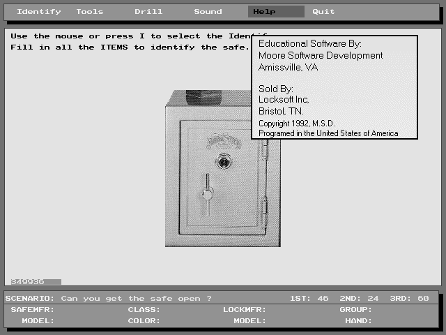 Safe Opening Simulator (DOS) screenshot: About "Safe Opening Simulator".