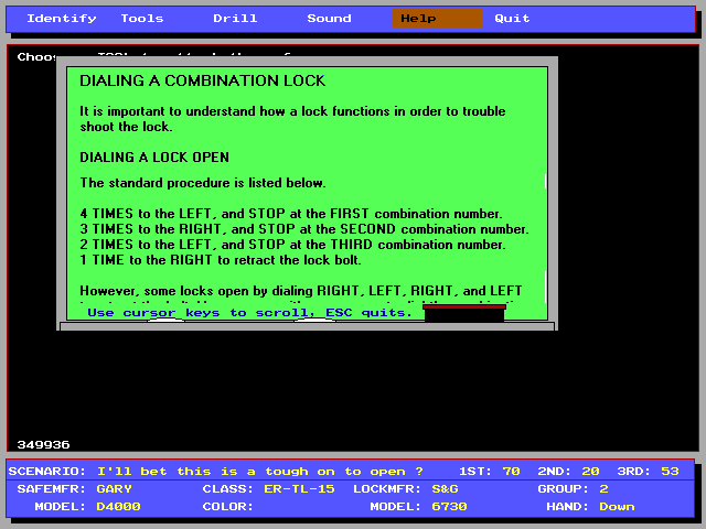 Safe Opening Simulator (DOS) screenshot: ..., dialing combination locks, ...