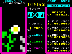 Tetris 2 (ZX Spectrum) screenshot: Round 14 - a nice flower but the shapes are falling too quickly