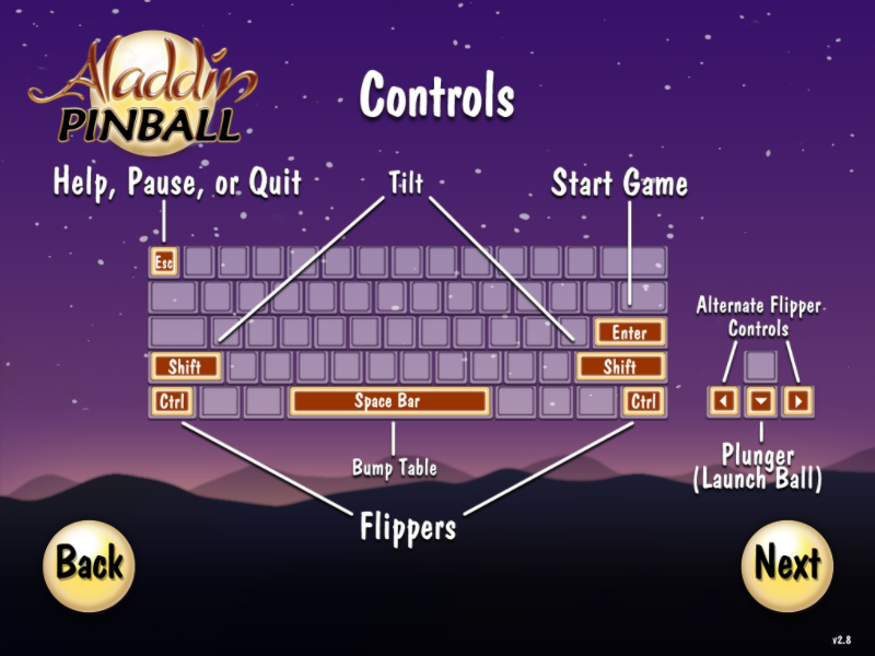 Aladdin Pinball (Windows) screenshot: Controls.