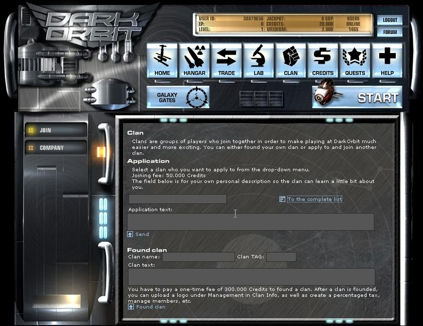Dark Orbit (Browser) screenshot: Clan area: Join a clan or found your own.