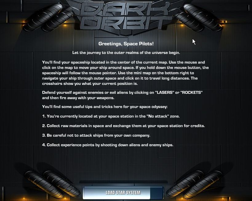 Dark Orbit (Browser) screenshot: The loading screen gives some much needed advice for the action part of the game.