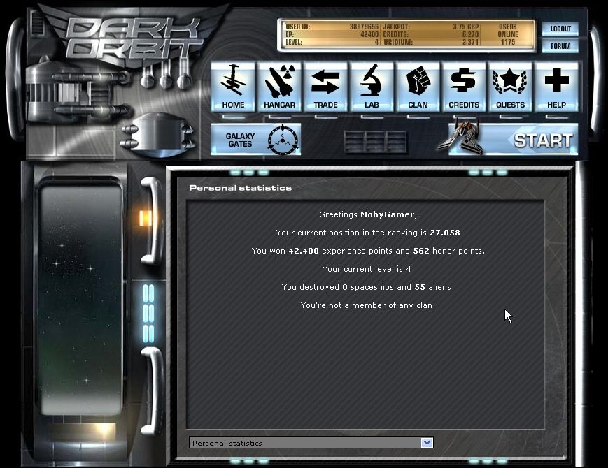 Dark Orbit (Browser) screenshot: Player statistics: hey, look at this up-and-coming young space pilot.