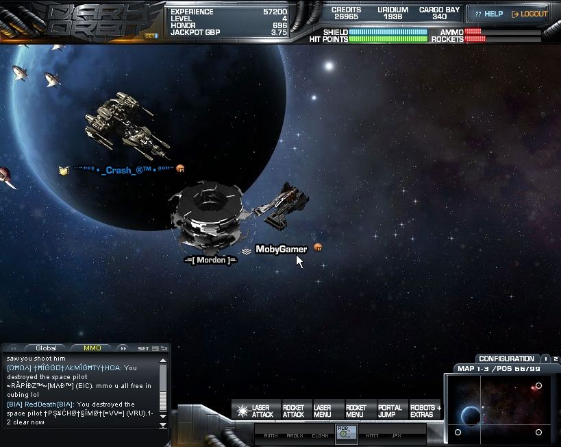 Dark Orbit (Browser) screenshot: Fighting a stronger enemy with a friendly player.