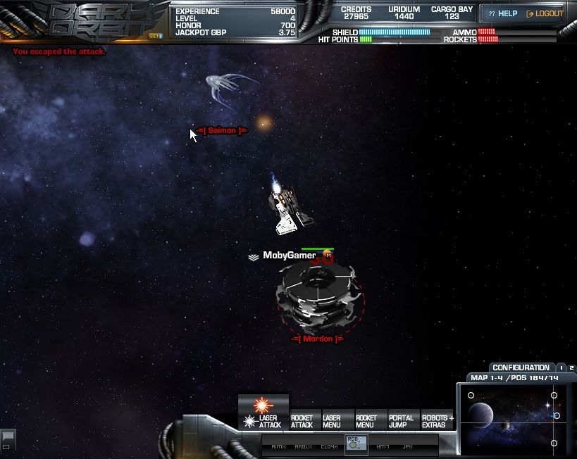 Dark Orbit (Browser) screenshot: Battle with a quick and a slow enemy.