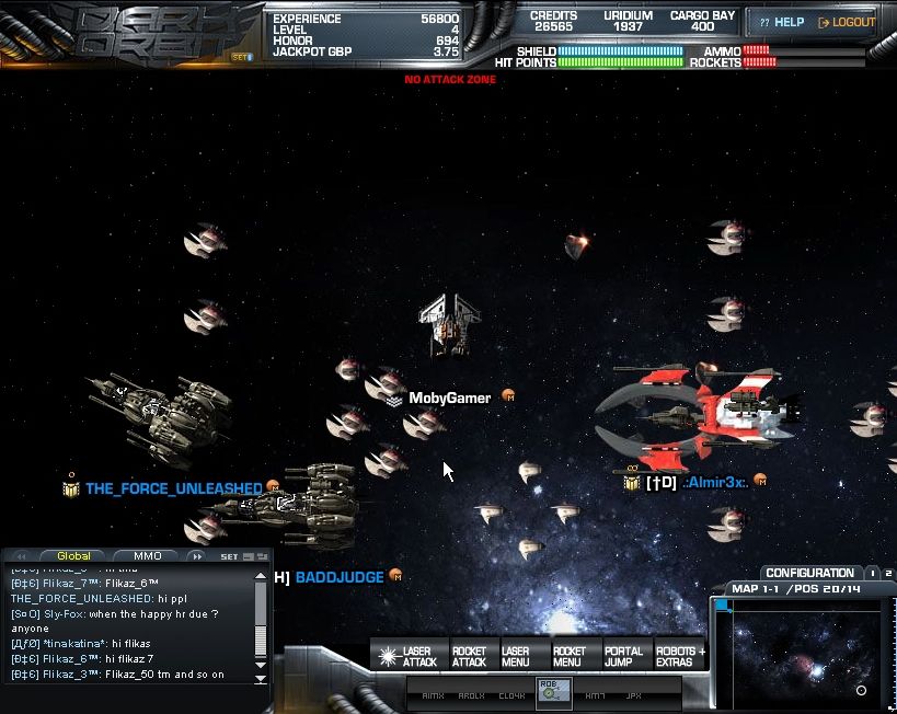 Dark Orbit (Browser) screenshot: Hey, me too, me too. Look at the big ships and many drones these players own.