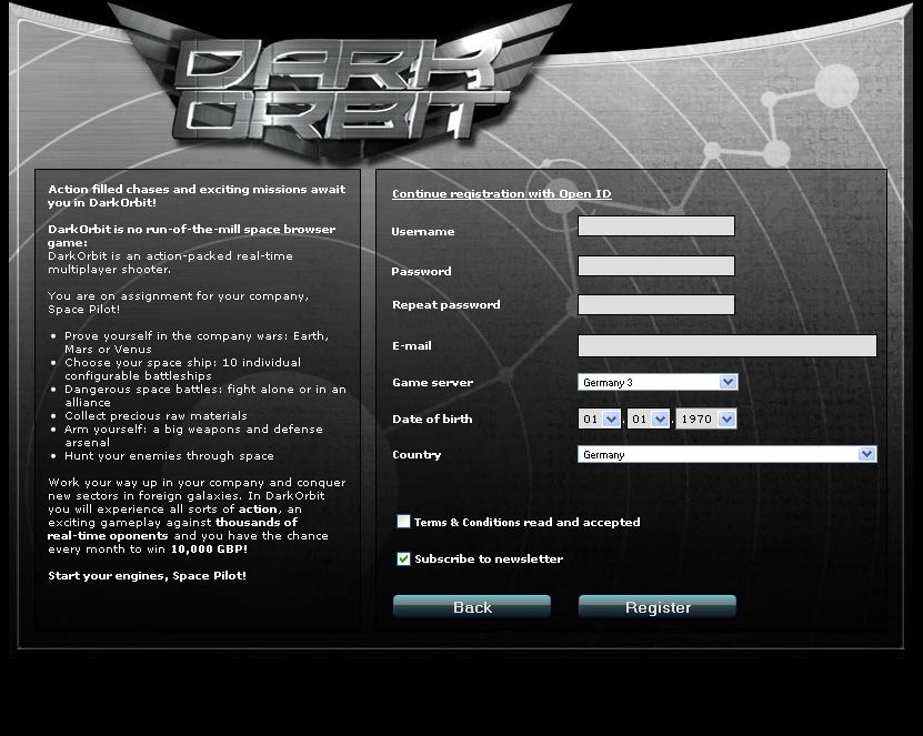 Dark Orbit (Browser) screenshot: Registration form