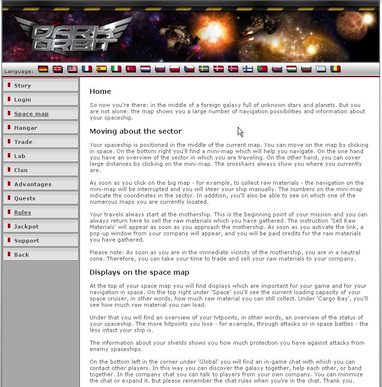 Dark Orbit (Browser) screenshot: The online help gives a detailed overview of all game elements.
