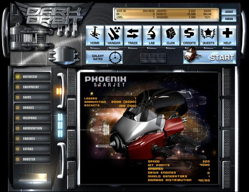 Dark Orbit (Browser) screenshot: Hangar: this is the info in a nutshell of a space ship I'm starting with.