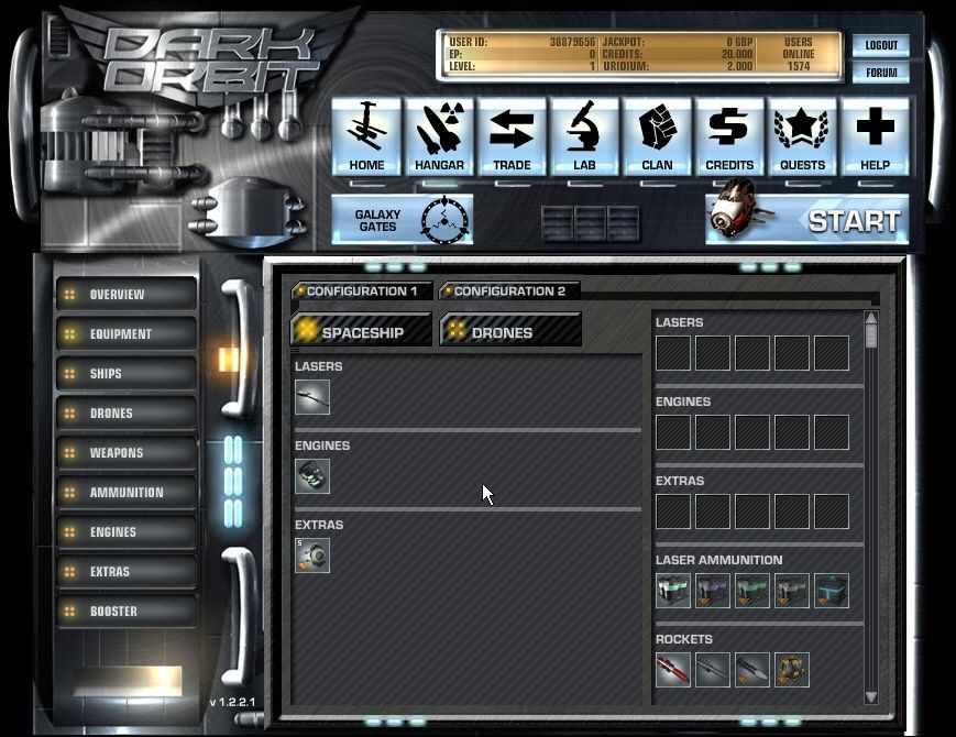 Dark Orbit (Browser) screenshot: Hangar: the equipment of my ship doesn't thrill me, either.