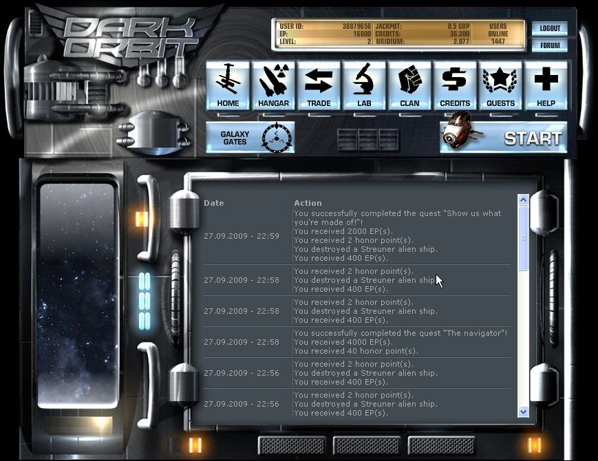 Dark Orbit (Browser) screenshot: The logbook: every action of mine is accurately logged.