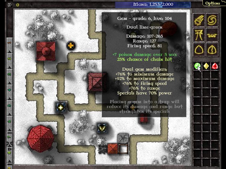 GemCraft: Chapter Zero - Gem of Eternity (Browser) screenshot: Detailed info about a gem, your tools of destruction