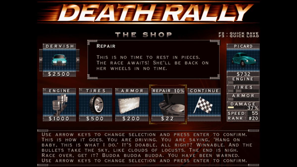 Death Rally (Windows) screenshot: The shop
