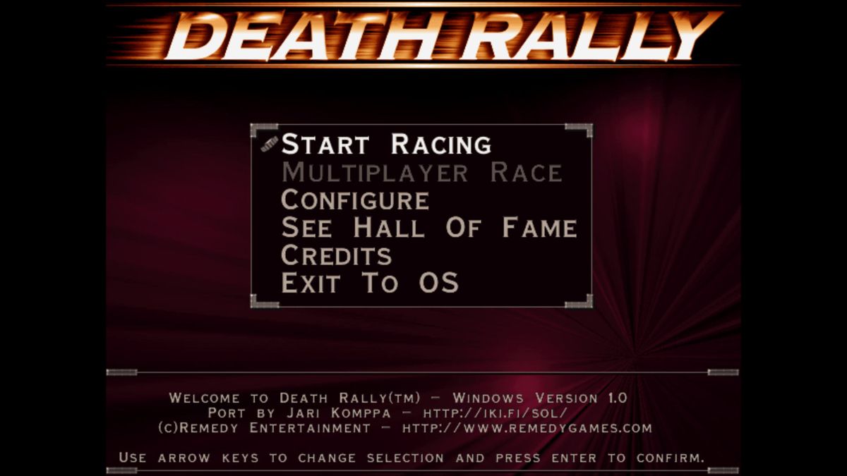 Death Rally (Windows) screenshot: Main menu