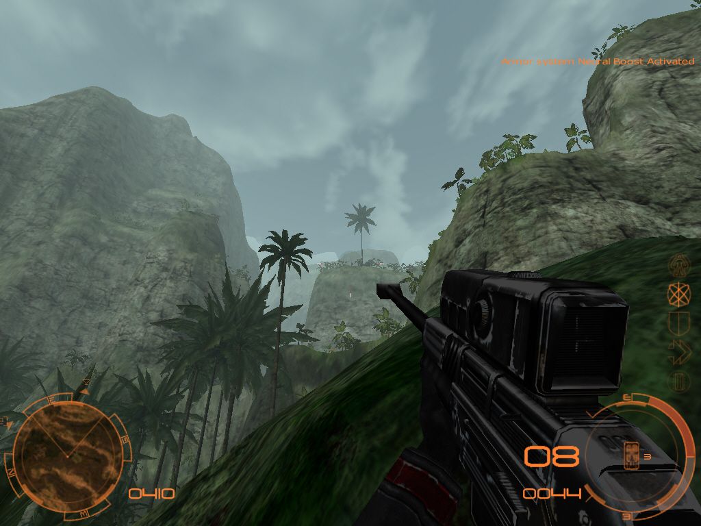 Chrome SpecForce (Windows) screenshot: The high-powered sniper rifle really delivers: there's a sniper on the ridge centered in the crosshairs