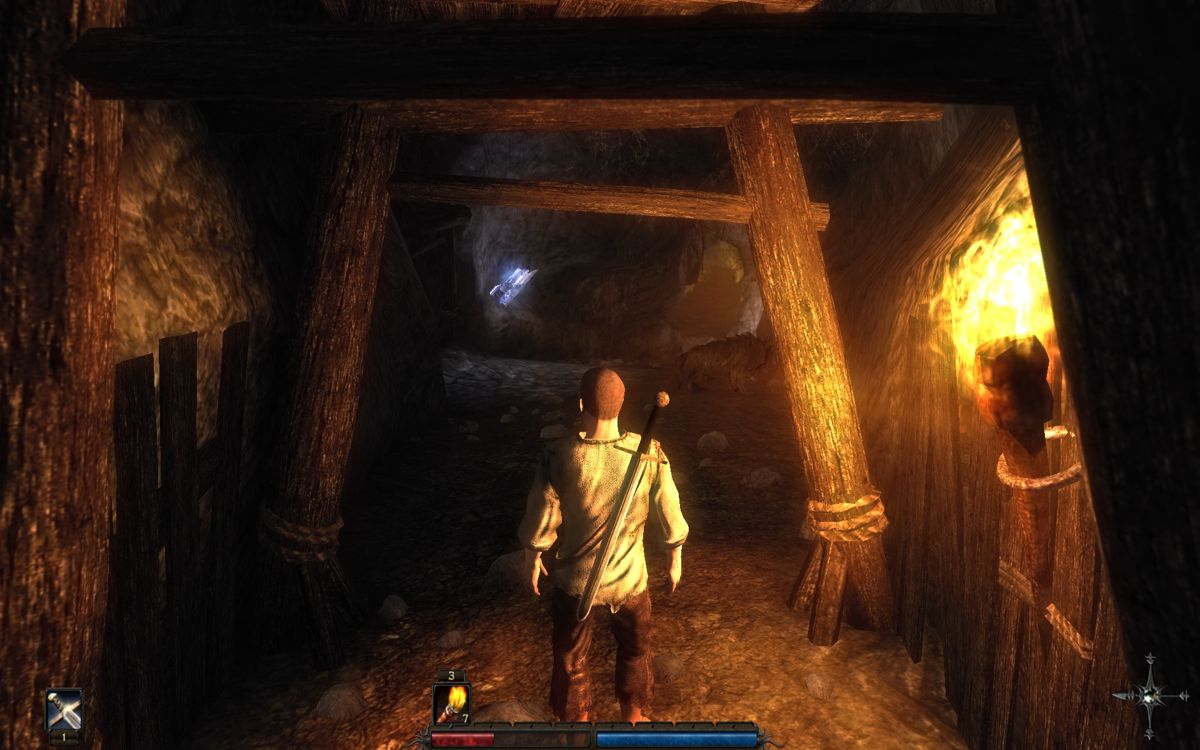 Risen (Windows) screenshot: Walking through a mine-shaft.