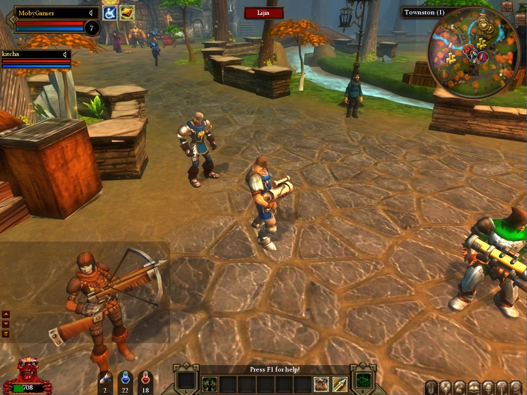 Dungeon Runners (Windows) screenshot: Townston village, many other players around.