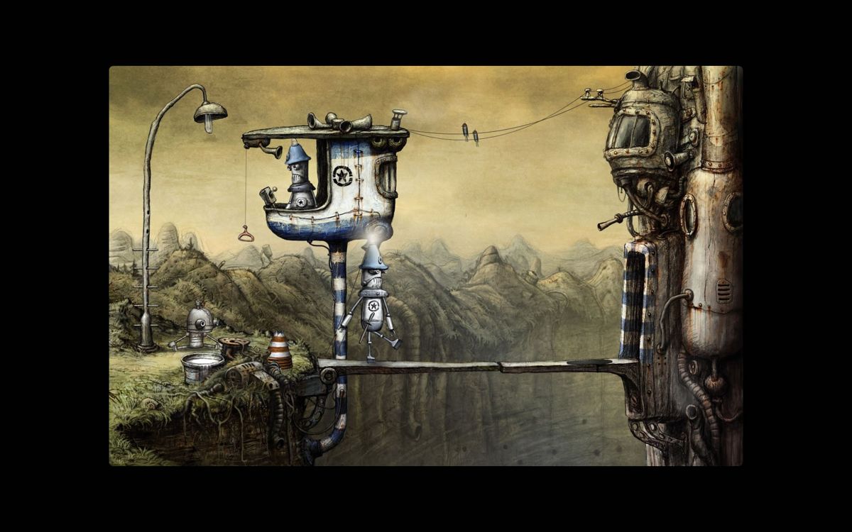 Machinarium (Windows) screenshot: Out of the way, a law officer is coming through.