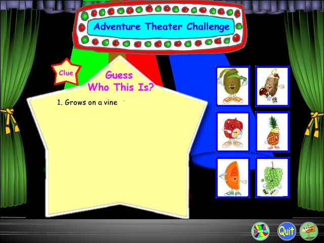 5 A Day Adventures (Windows) screenshot: Guessing fruit based on successive clues in the Adventure Theater
