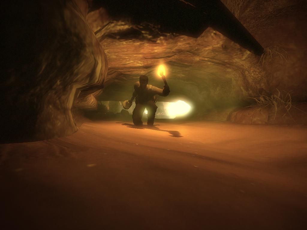 Adam's Venture: Episode 1 - The Search for the Lost Garden (Windows) screenshot: Adam crouching through a low-ceilinged cave