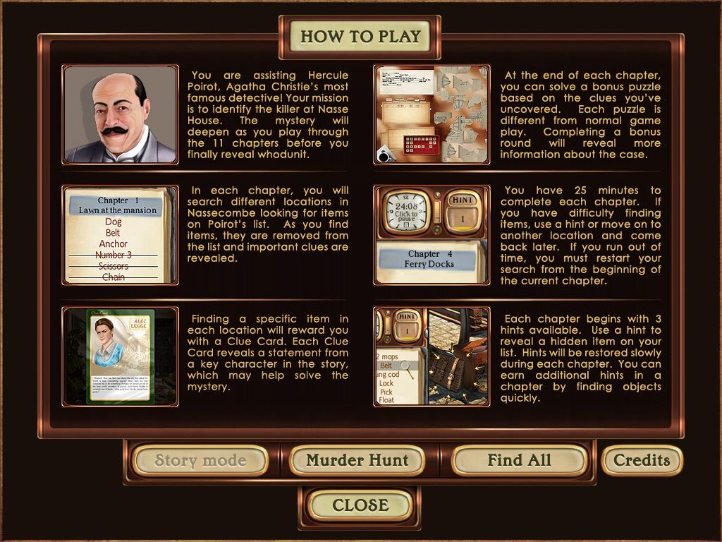 Agatha Christie: Dead Man's Folly (Windows) screenshot: Help menu about how to play story mode.
