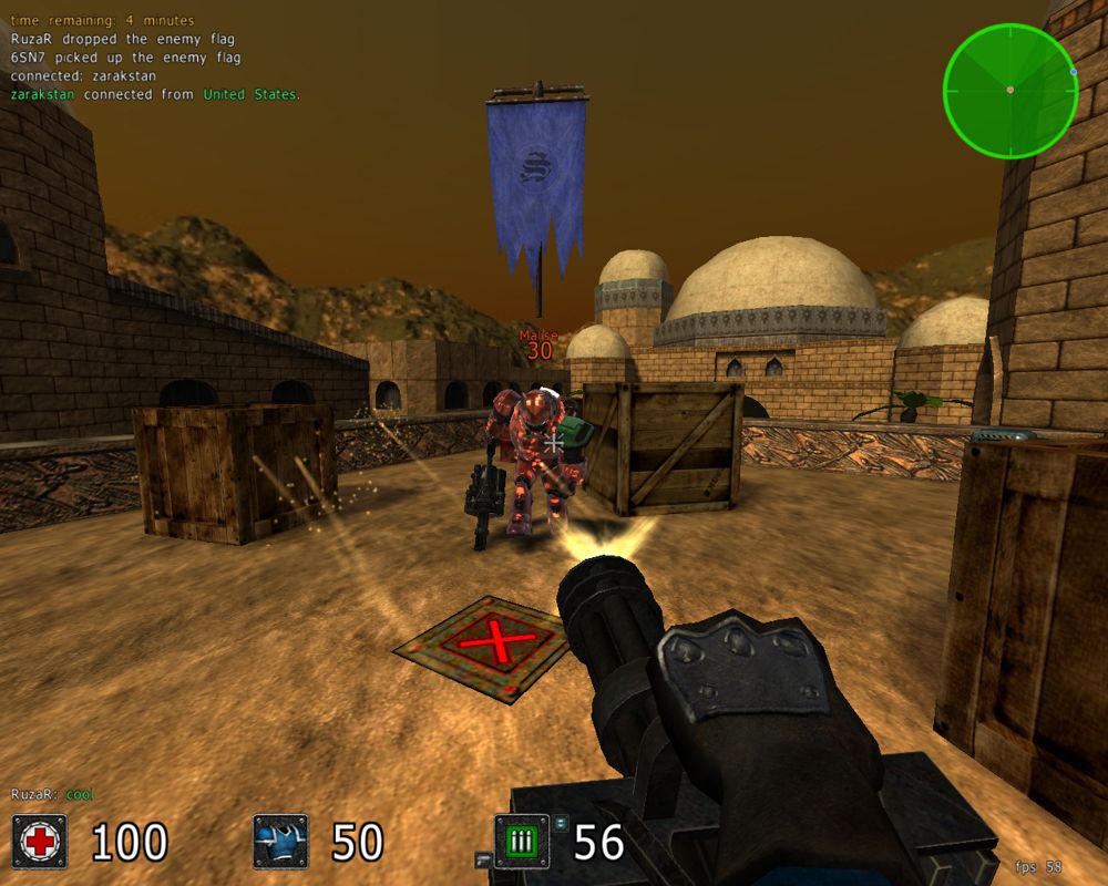 Cube 2: Sauerbraten (Windows) screenshot: Shooting an enemy in Dust2
