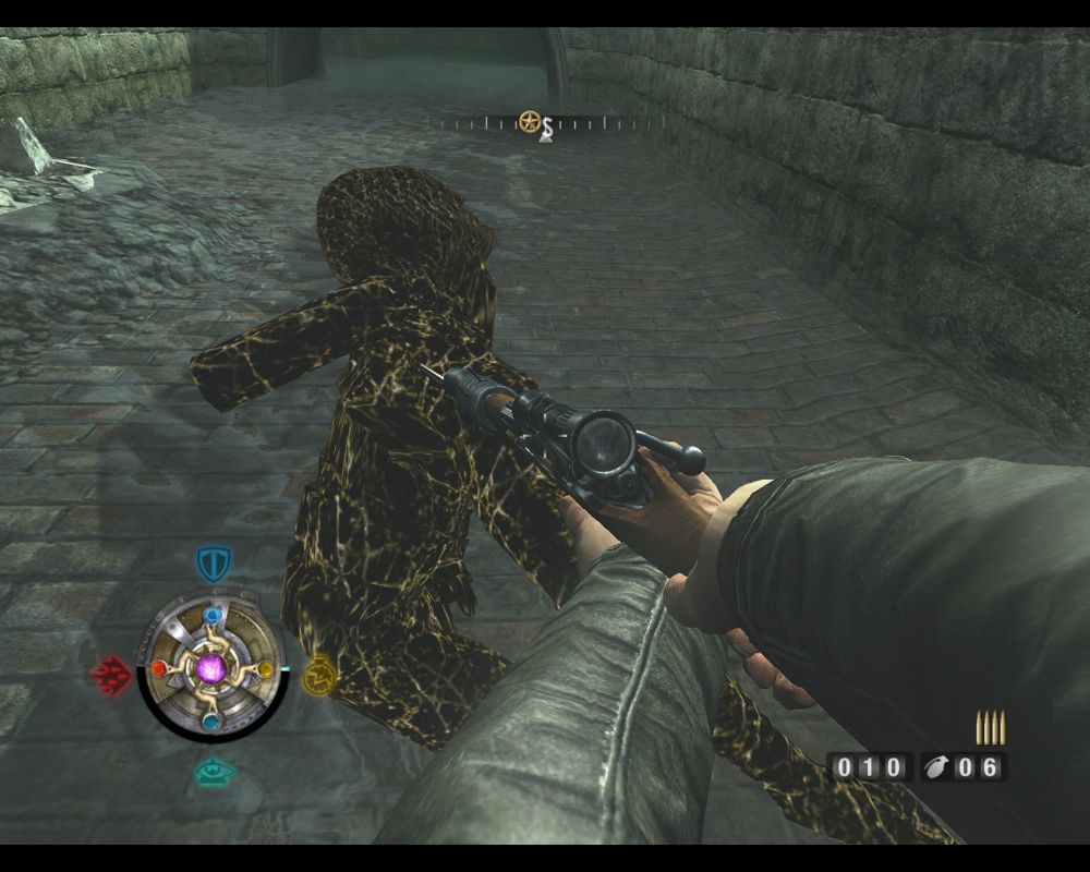 Wolfenstein (Windows) screenshot: Using one of your medallion's power, you can turn enemies in coal.
